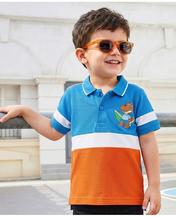 Babyhug 100% Cotton Knit Half Sleeves Cut & Sew Polo T-Shirt with Dino Print - Light Blue