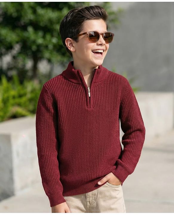 Pine Kids Knit Full Sleeves High Neck Solid Color Pullover Sweater - Wine