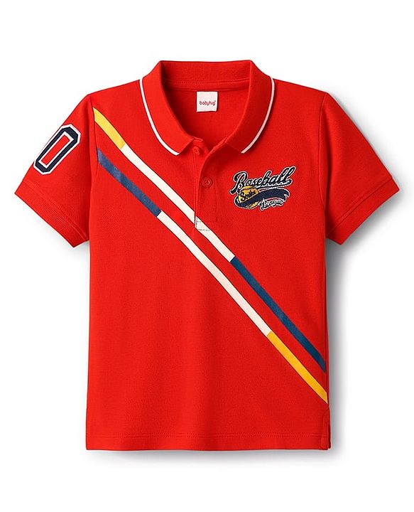 Babyhug 100% Cotton Knit Half Sleeves Polo T-Shirt with Baseball Embroidery - Red