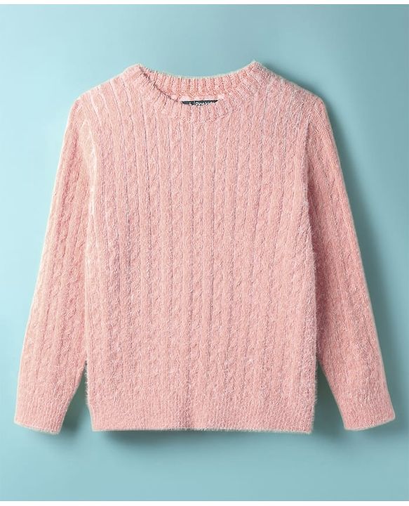 Pine Kids Knit Full Sleeves Pullover Sweater with Cable Knit Design - Pink