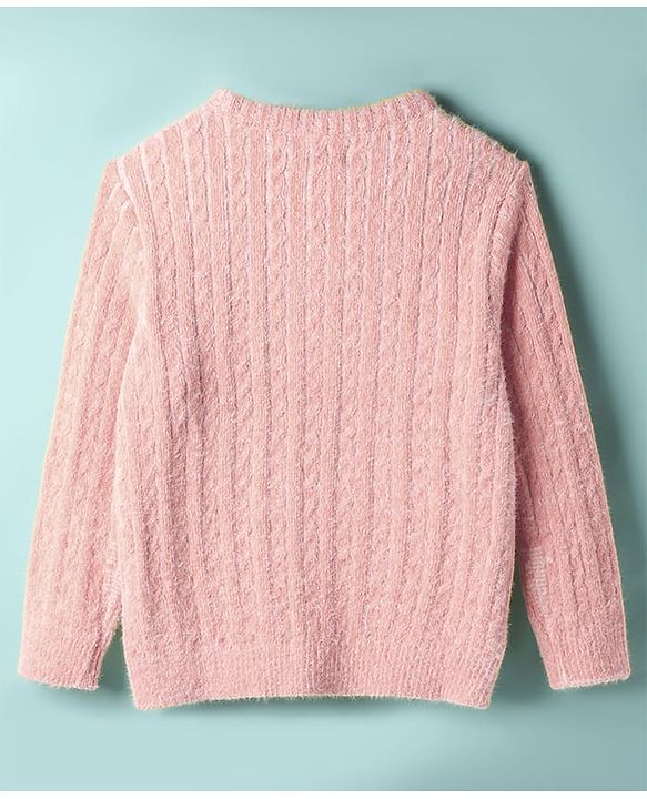 Pine Kids Knit Full Sleeves Pullover Sweater with Cable Knit Design - Pink
