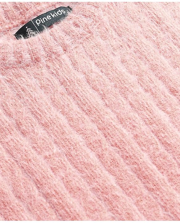 Pine Kids Knit Full Sleeves Pullover Sweater with Cable Knit Design - Pink