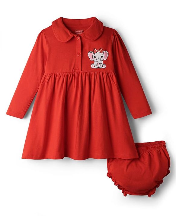Babyhug Single Jersey Full Sleeves Elephant Printed Peter Pan Collar Frock With Bloomer - Red