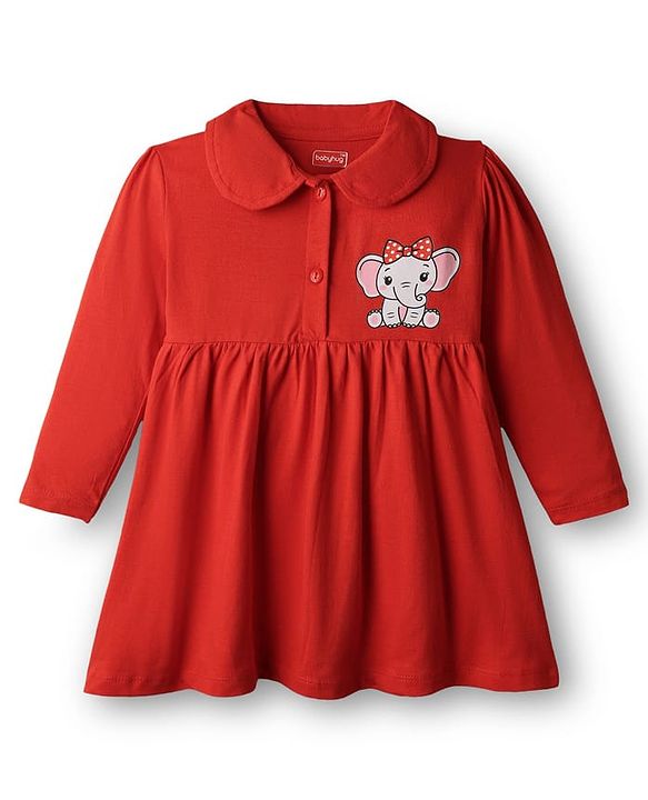 Babyhug Single Jersey Full Sleeves Elephant Printed Peter Pan Collar Frock With Bloomer - Red