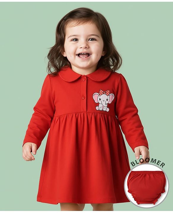 Babyhug Single Jersey Full Sleeves Elephant Printed Peter Pan Collar Frock With Bloomer - Red