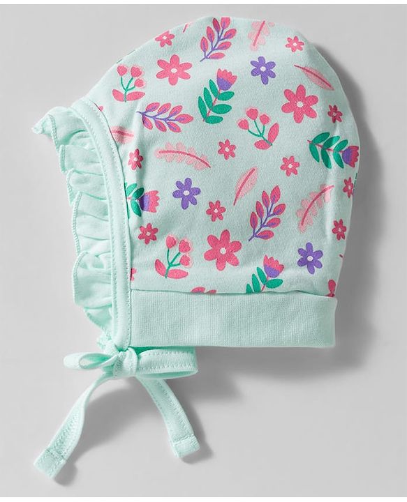 Babyhug 100% Cotton Interlock Knit Caps With Floral Print Pack Of 2 Pink & Light Green - Diameter 9.5 cm