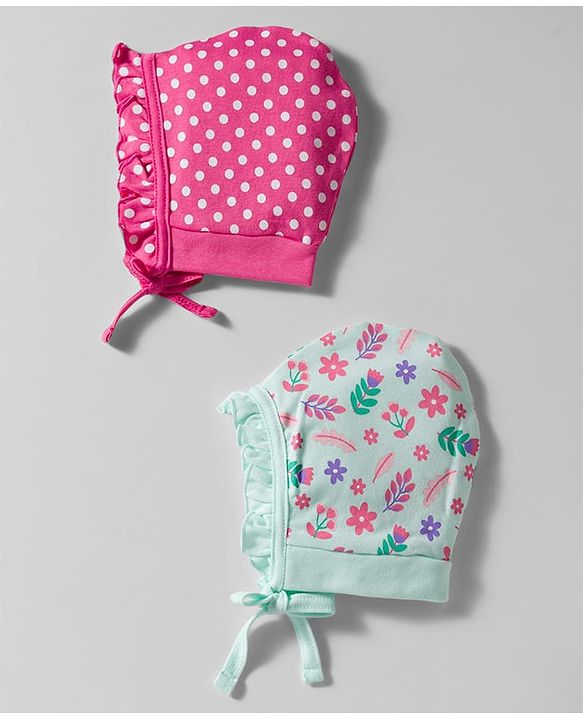 Babyhug 100% Cotton Interlock Knit Caps With Floral Print Pack Of 2 Pink & Light Green - Diameter 9.5 cm