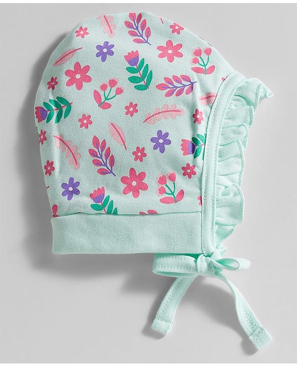 Babyhug 100% Cotton Interlock Knit Caps With Floral Print Pack Of 2 Pink & Light Green - Diameter 9.5 cm