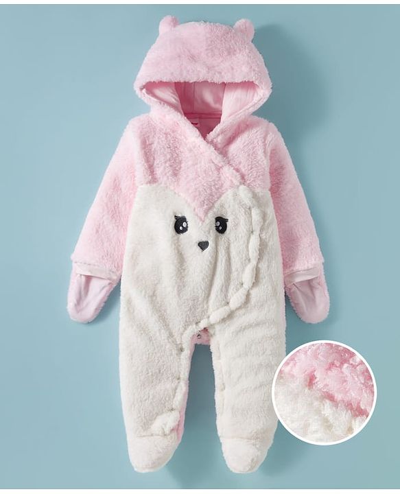 Babyhug Fur Knit Full Sleeves Hooded Front OpenWinter Wear Romper with Attached Mitten & Footed with Teddy Bear Print & Applique - White & Light Blue