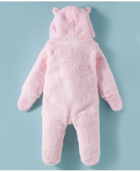 Babyhug Fur Knit Full Sleeves Hooded Front OpenWinter Wear Romper with Attached Mitten & Footed with Teddy Bear Print & Applique - White & Light Blue