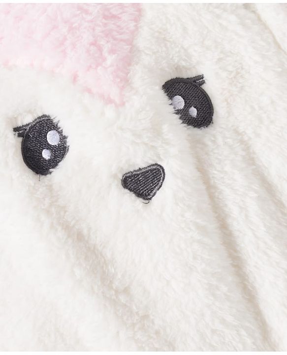 Babyhug Fur Knit Full Sleeves Hooded Front OpenWinter Wear Romper with Attached Mitten & Footed with Teddy Bear Print & Applique - White & Light Blue