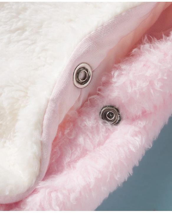 Babyhug Fur Knit Full Sleeves Hooded Front OpenWinter Wear Romper with Attached Mitten & Footed with Teddy Bear Print & Applique - White & Light Blue