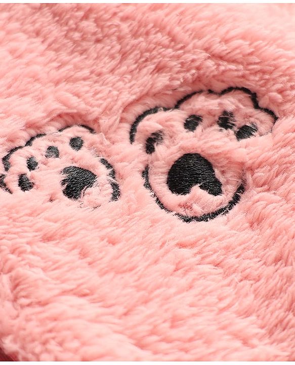 Babyhug Fur Woven Full Sleeves Footed Winter Wear Romper with Hood Tiger Embroidery & Ear Applique - Pink