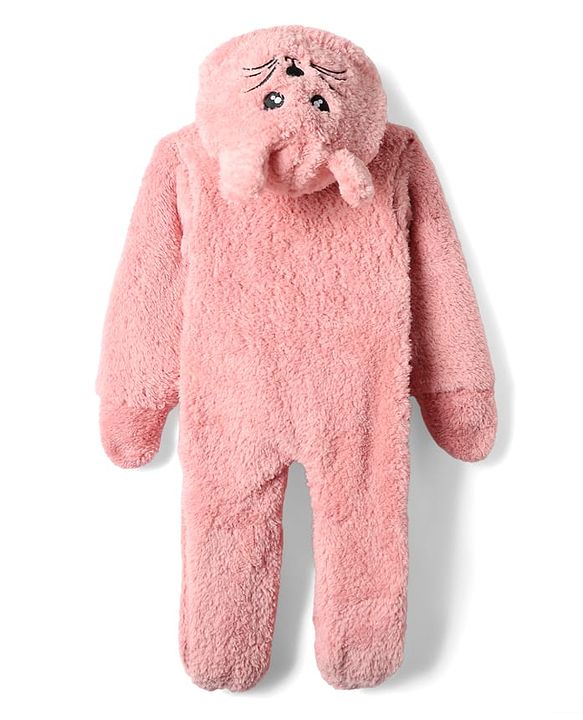 Babyhug Fur Woven Full Sleeves Footed Winter Wear Romper with Hood Tiger Embroidery & Ear Applique - Pink