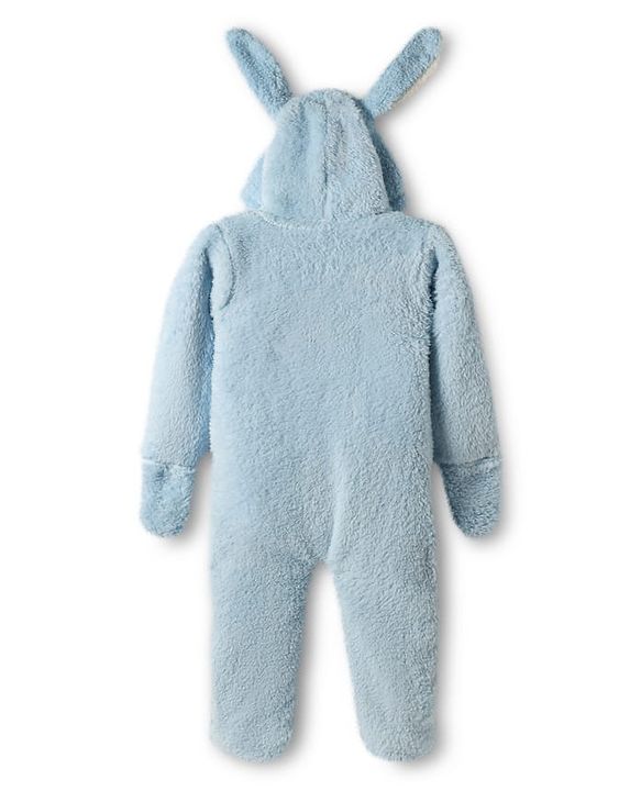 Babyhug Fur Woven Full Sleeves Footed Hooded Winter Rompers with Bunny Applique & Embroidery - Light Blue