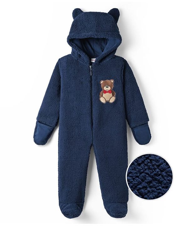 Babyhug Fur Woven Full Length Hooded Winter Wear Footed Romper with Teddy Patch - Navy Blue