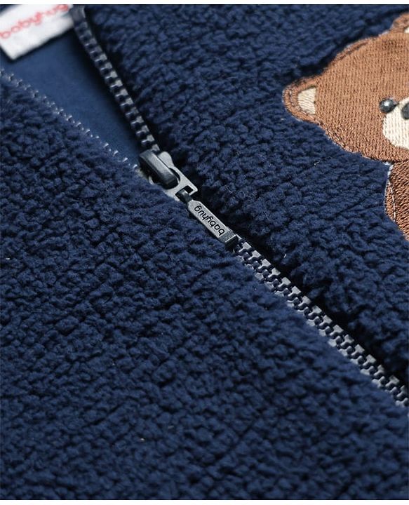 Babyhug Fur Woven Full Length Hooded Winter Wear Footed Romper with Teddy Patch - Navy Blue