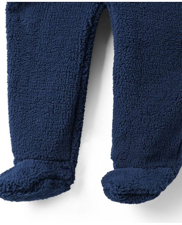 Babyhug Fur Woven Full Length Hooded Winter Wear Footed Romper with Teddy Patch - Navy Blue