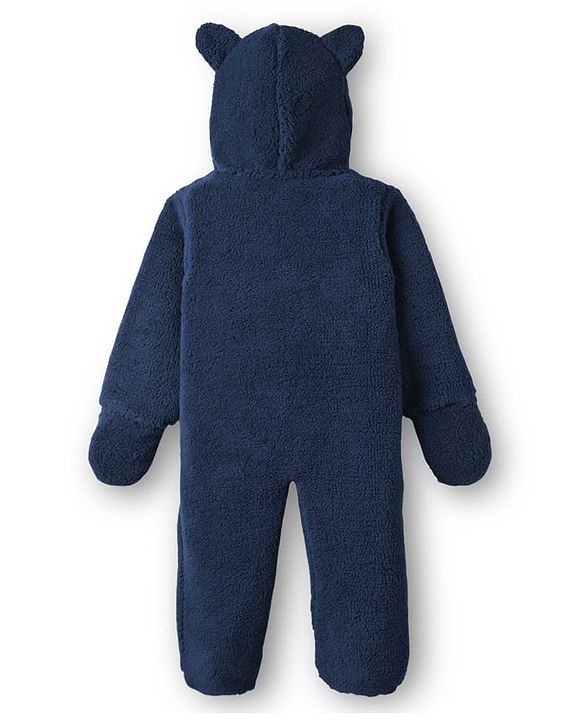 Babyhug Fur Woven Full Length Hooded Winter Wear Footed Romper with Teddy Patch - Navy Blue