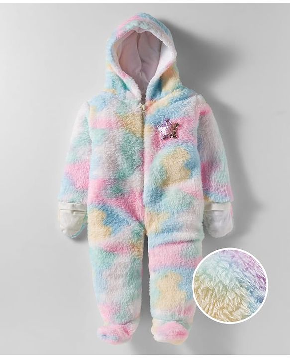 Babyhug Fur Woven Full Sleeves Hooded Footed Front Open Romper with Attached Mitten - Multicolor