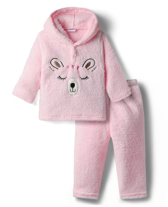 Babyhug Velour Woven Full Sleeves Winter Wear Suit Set With Cute Text Squined with Kangaroo Pocket - Maroon