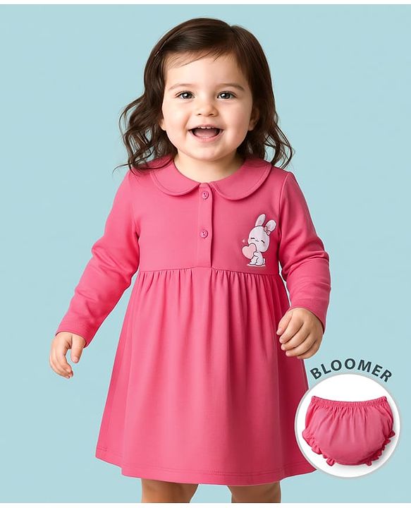 Babyhug Single Jersey Knit Full Sleeves Frock with Bloomer & Bunny Print - Pink