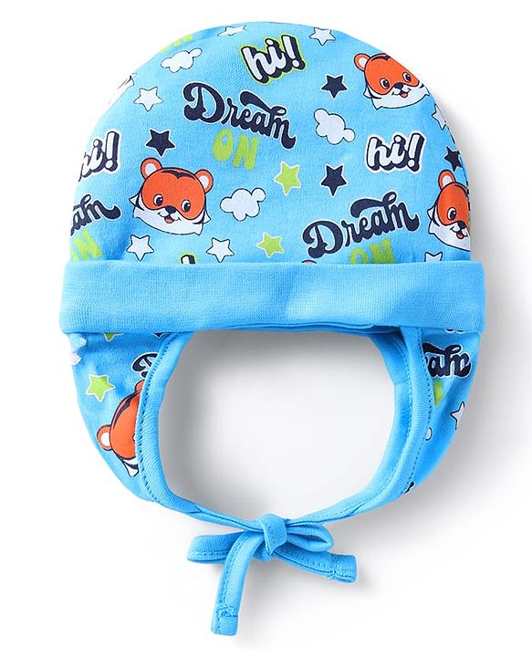 Babyhug 100% Cotton Knit Cap with Knot & Tiger Print Light Blue - Circumference 33 cm