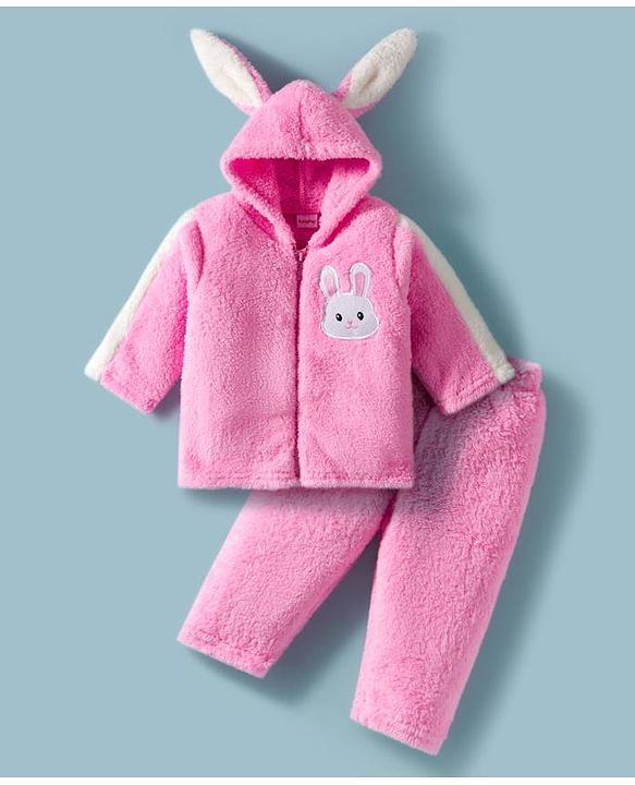 Babyhug Fur Woven Full Sleeves Winter Wear Hooded T-Shirt & Lounge Pant Set With Animal Embriodery & Ear Applique - Pink