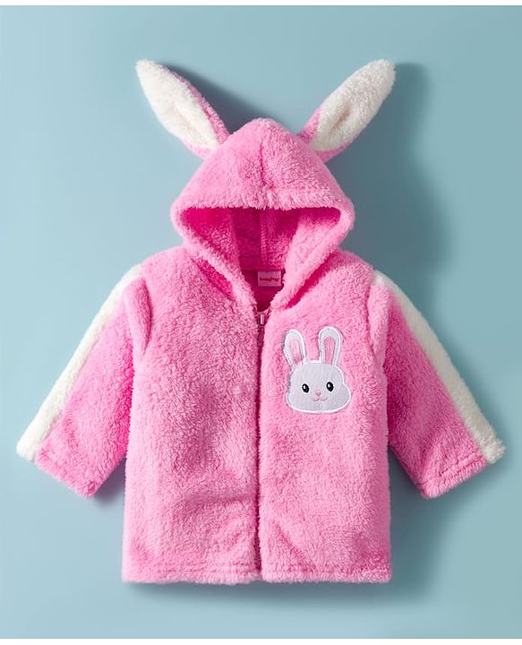 Babyhug Fur Woven Full Sleeves Winter Wear Hooded T-Shirt & Lounge Pant Set With Animal Embriodery & Ear Applique - Pink