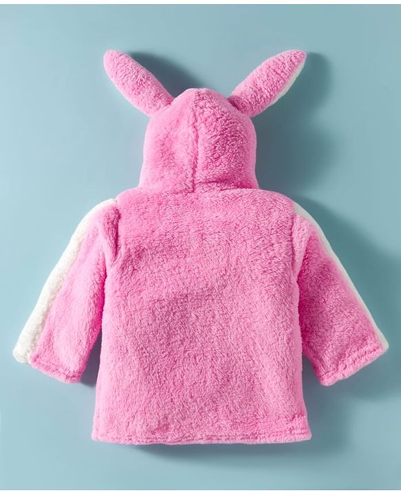 Babyhug Fur Woven Full Sleeves Winter Wear Hooded T-Shirt & Lounge Pant Set With Animal Embriodery & Ear Applique - Pink
