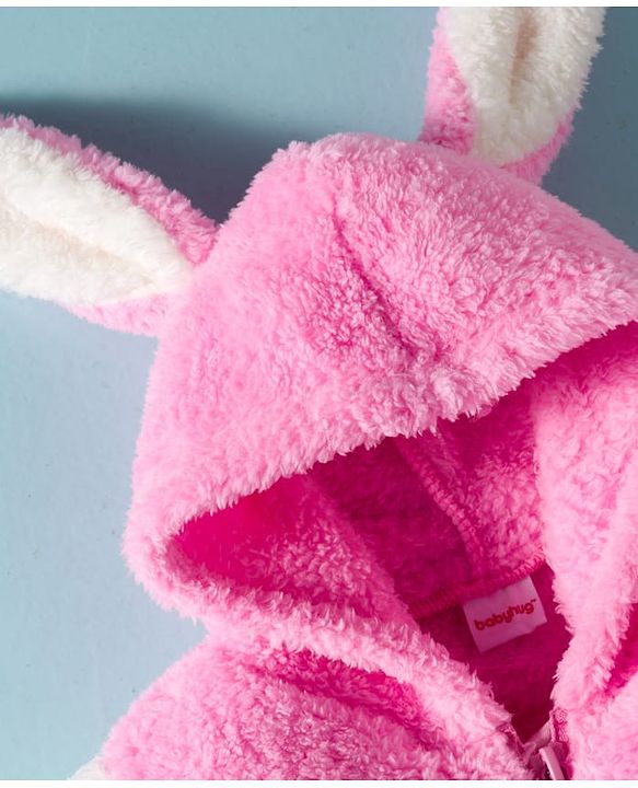 Babyhug Fur Woven Full Sleeves Winter Wear Hooded T-Shirt & Lounge Pant Set With Animal Embriodery & Ear Applique - Pink