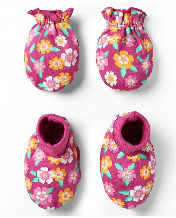 Babyhug 100% Cotton Mittens & Booties With Floral Print - Pink