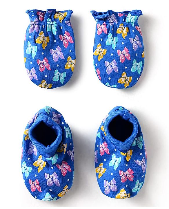 Babyhug 100% Cotton Knit Mittens and Booties Butterfly Print - Blue