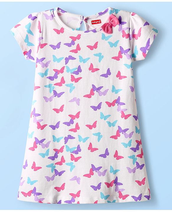 Babyhug 100% Cotton Half Sleeves Butterfly Printed Dress With Bow Applique - White