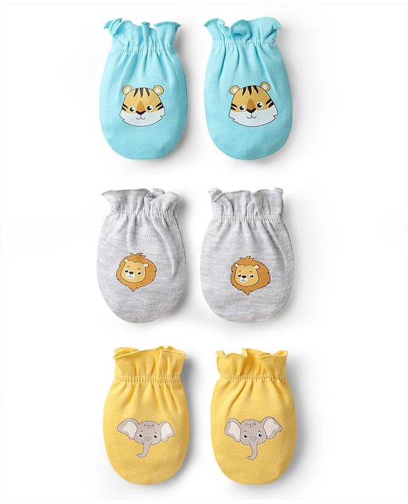Babyhug 100% Cotton Knit Mittens with Animal Print Pack of 3 - Yellow Aqua Blue & Grey