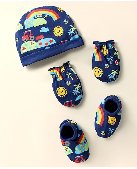 Babyhug 100% Cotton Knit Cap Mittens & Booties Set with Tropical Theme Print Navy Blue - Diameter 10 cm