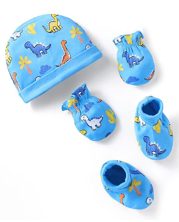 Babyhug 100% Cotton Knit Cap Mittens & Booties With Dino Print Blue - Circumference 28 cm
