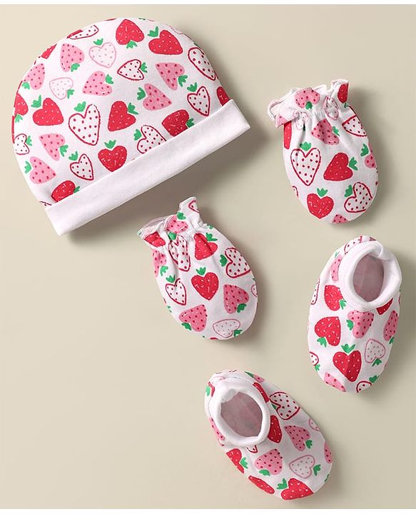 Babyhug 100% Cotton Knit Cap Mittens & Booties Set with Strawberry Print White - Diameter 11 cm