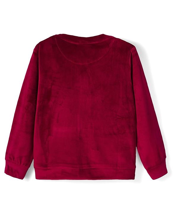 Babyhug Velour Woven Full Sleeves Winter Wear Suit Set With Cute Text Squined with Kangaroo Pocket - Maroon