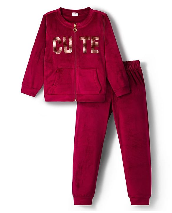 Babyhug Velour Woven Full Sleeves Winter Wear Suit Set With Cute Text Squined with Kangaroo Pocket - Maroon