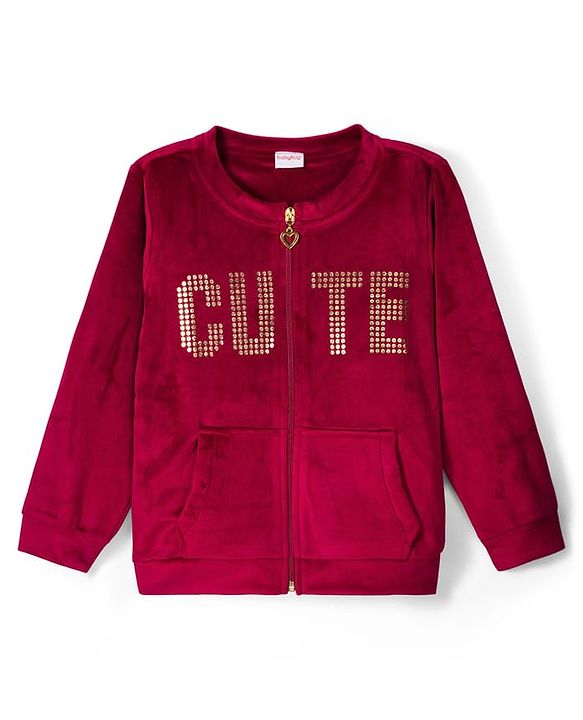 Babyhug Velour Woven Full Sleeves Winter Wear Suit Set With Cute Text Squined with Kangaroo Pocket - Maroon