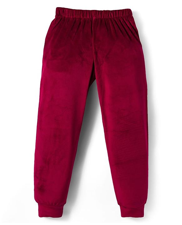 Babyhug Velour Woven Full Sleeves Winter Wear Suit Set With Cute Text Squined with Kangaroo Pocket - Maroon