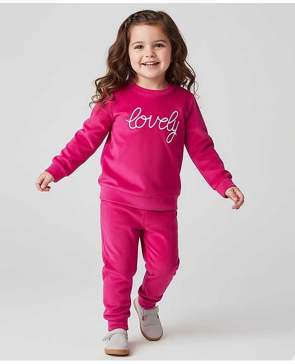 Babyhug Velour Woven Full Sleeves Sweatshirt & Lounge Pant Set with Text Embroidery - Pink