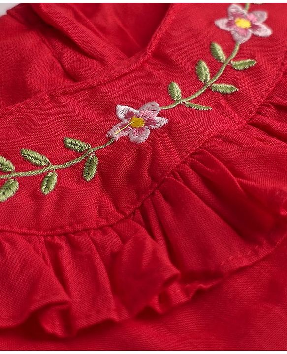 Babyhug Woven Full Sleeves Top with Floral Embroidery with Frill Detailing - Red