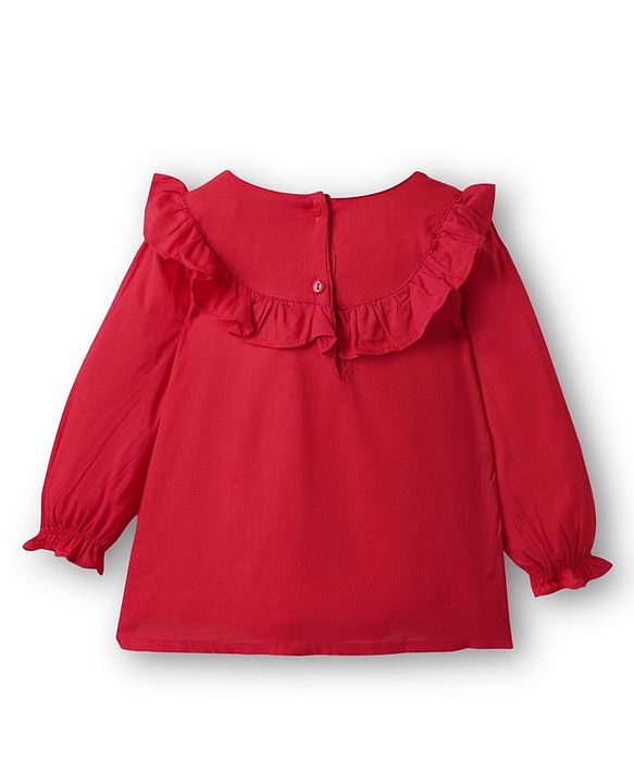 Babyhug Woven Full Sleeves Top with Floral Embroidery with Frill Detailing - Red