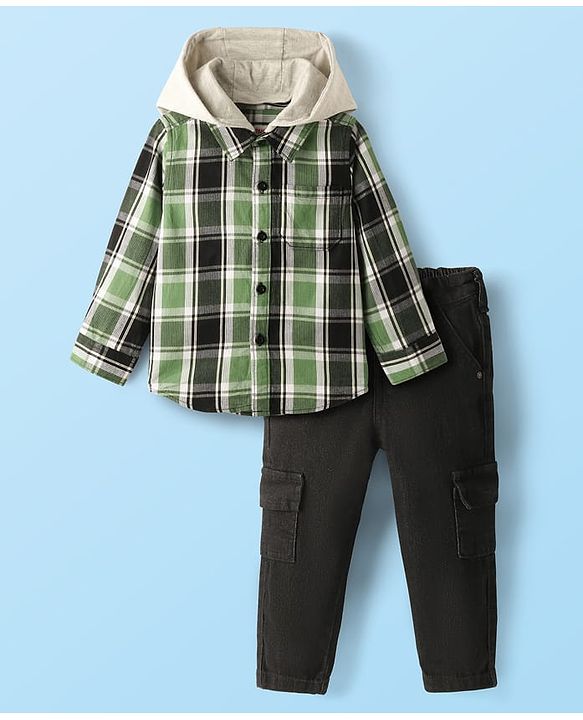 Babyhug Cotton Woven Full Sleeves Checkered Hooded Shirt & Trouser Set - Back & Green