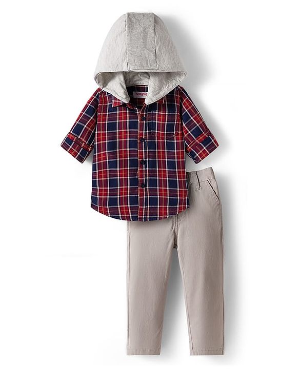 Babyhug Cotton Woven Full Sleeves Hooded Shirt and Trouser with Checks Print - Red & Grey