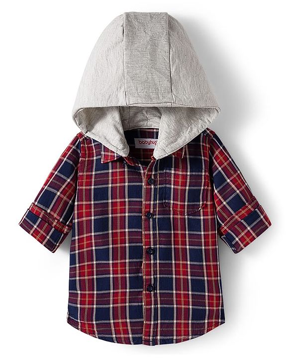 Babyhug Cotton Woven Full Sleeves Hooded Shirt and Trouser with Checks Print - Red & Grey