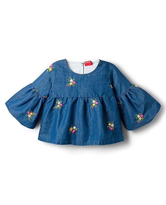 Babyhug Denim Woven Full Bell Sleeves Top with Floral Embroidery - Blue