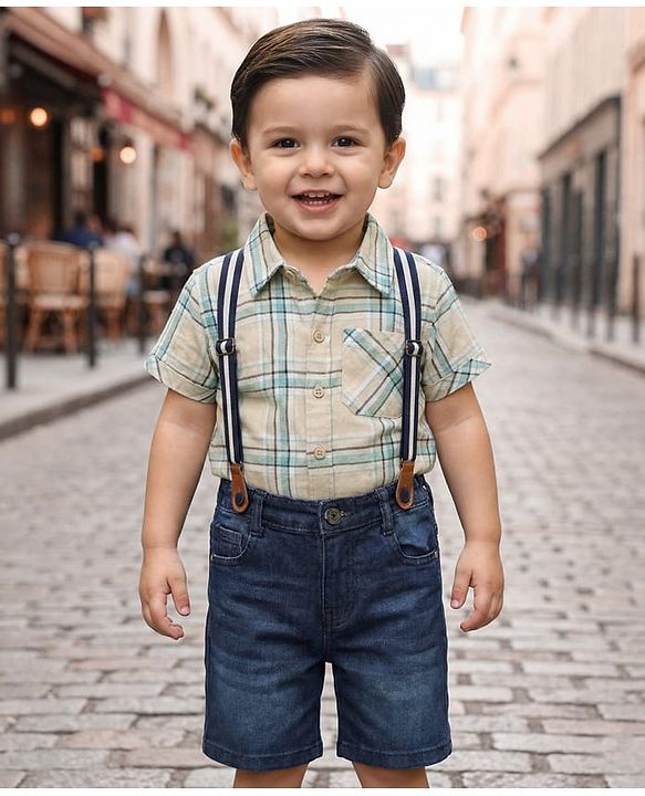 Babyhug Cotton Woven Half Sleeves Checkered Shirt & Shorts Set with Suspender - Blue
